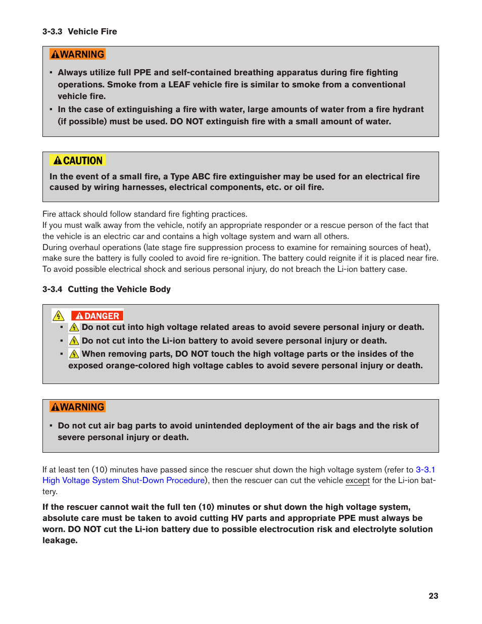 3.3 vehicle fire, 3.4 cutting the vehicle body, 3.3. vehicle fire | 3.4. cutting the vehicle body | NISSAN 2012 LEAF - First Responder's Guide User Manual | Page 23 / 35