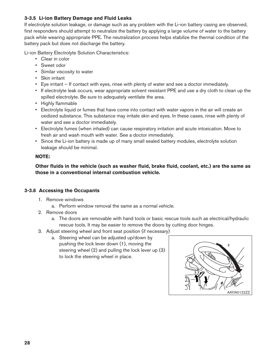 3.5 li-ion battery damage and fluid leaks, 3.6 accessing the occupants, 3.5. li-ion battery damage and fluid leaks | 3.6. accessing the occupants | NISSAN 2012 LEAF - First Responder's Guide User Manual | Page 28 / 35