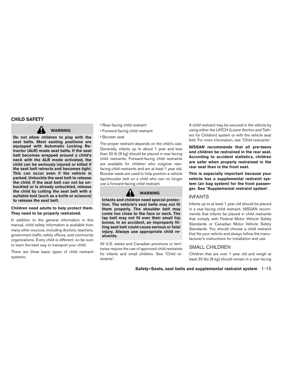 Child safety -15, Infants -15 small children -15 | NISSAN 2013 LEAF - Owner's Manual User Manual | Page 104 / 402