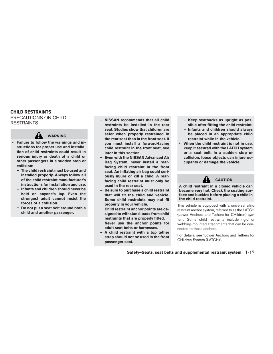 Child restraints -17, Precautions on child restraints -17 | NISSAN 2013 LEAF - Owner's Manual User Manual | Page 106 / 402