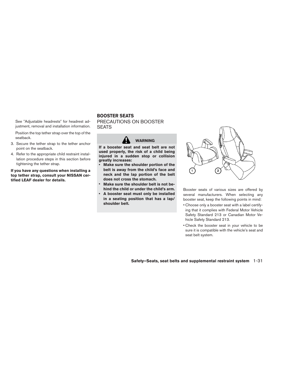 Booster seats -31, Precautions on booster seats -31 | NISSAN 2013 LEAF - Owner's Manual User Manual | Page 120 / 402
