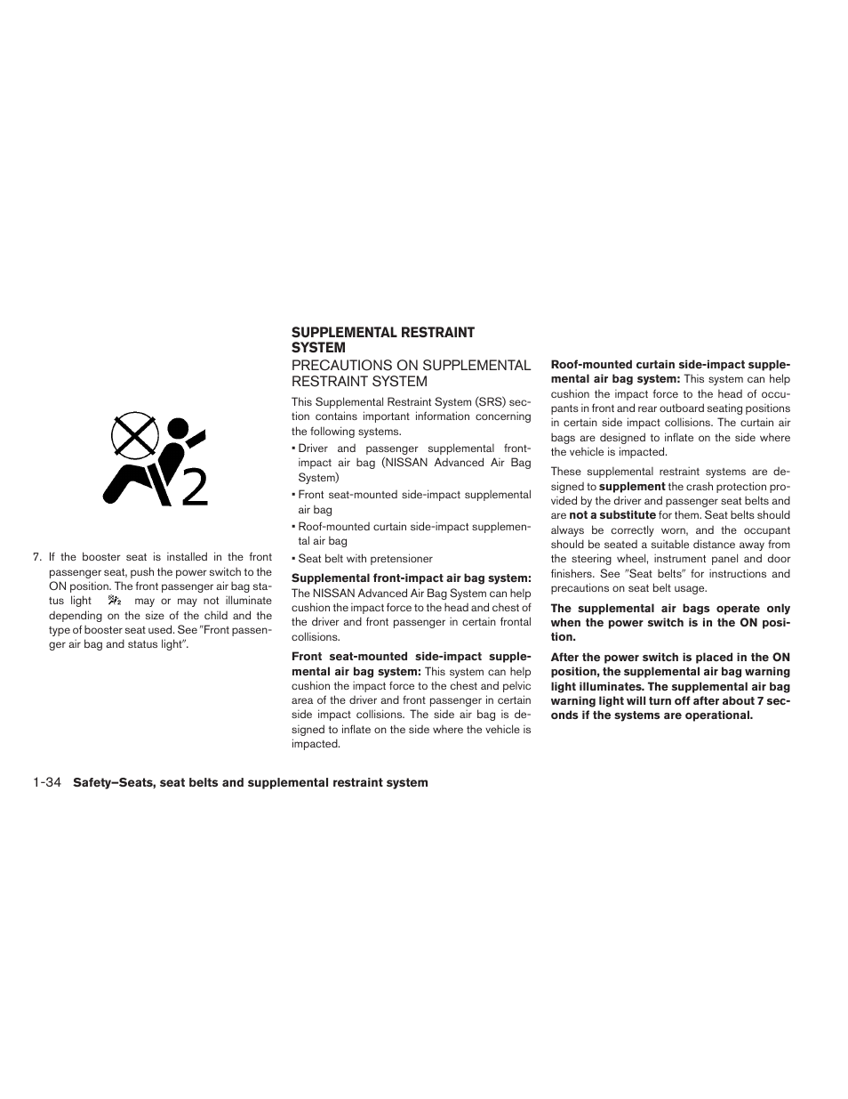 Supplemental restraint system -34, Precautions on supplemental restraint system -34 | NISSAN 2013 LEAF - Owner's Manual User Manual | Page 123 / 402