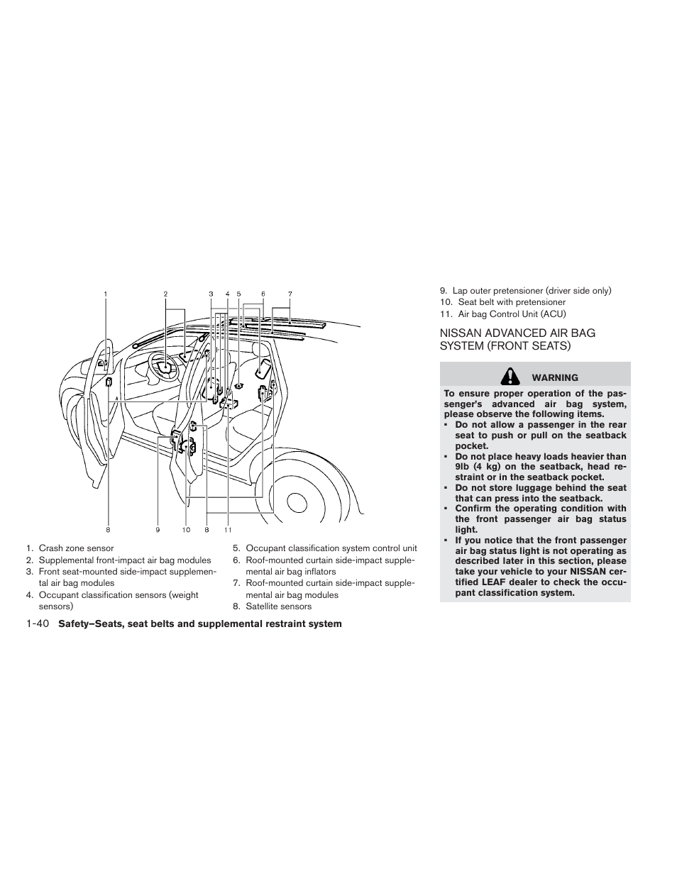 Nissan advanced air bag system (front seats) -40 | NISSAN 2013 LEAF - Owner's Manual User Manual | Page 129 / 402