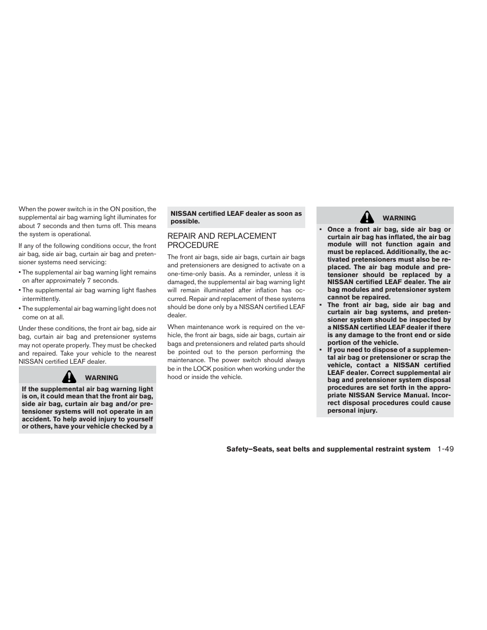 Repair and replacement procedure -49 | NISSAN 2013 LEAF - Owner's Manual User Manual | Page 138 / 402