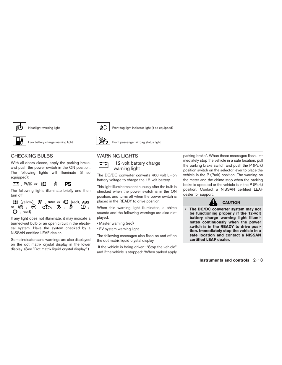 Checking bulbs -13 warning lights -13 | NISSAN 2013 LEAF - Owner's Manual User Manual | Page 152 / 402
