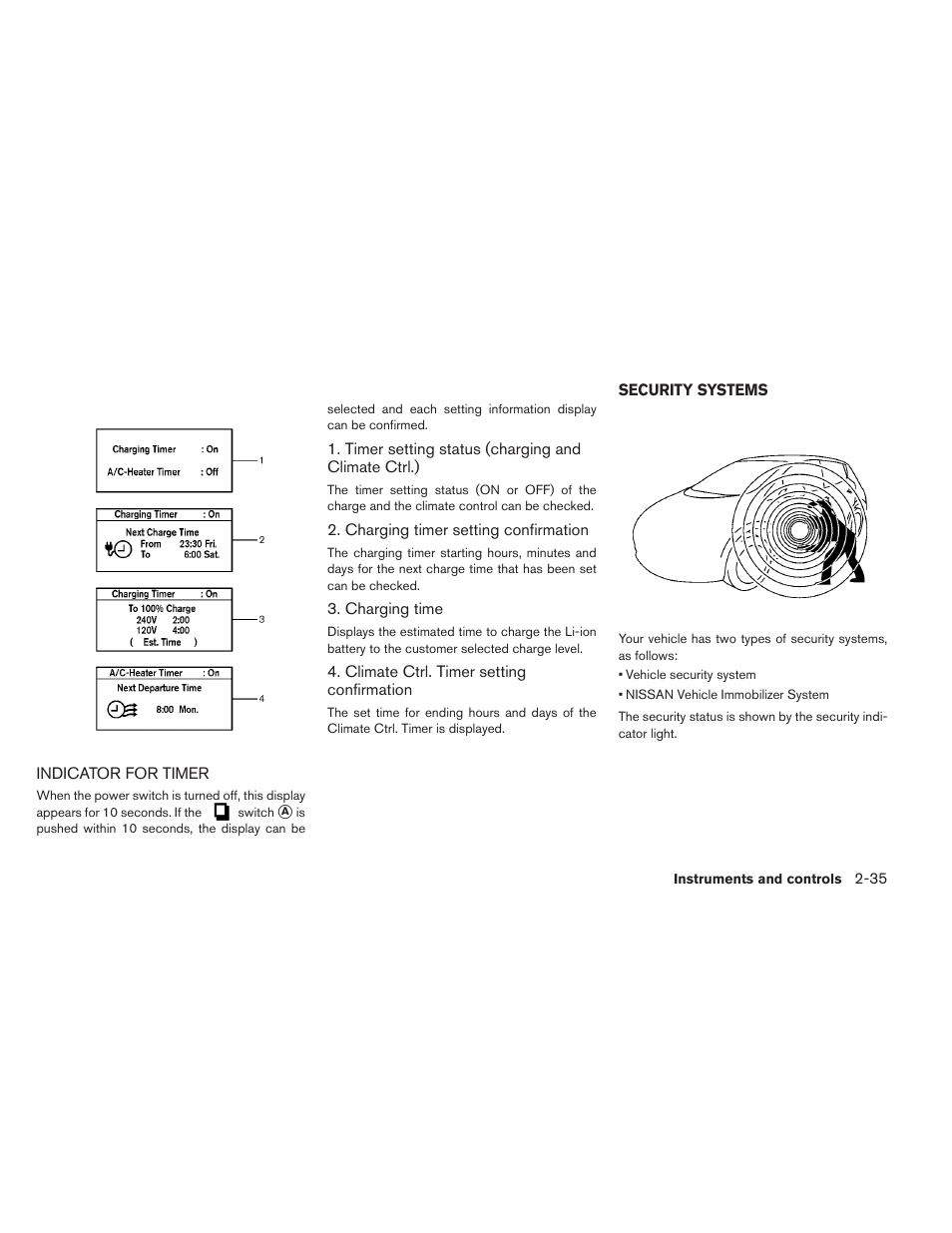 Indicator for timer -35, Security systems -35 | NISSAN 2013 LEAF - Owner's Manual User Manual | Page 174 / 402