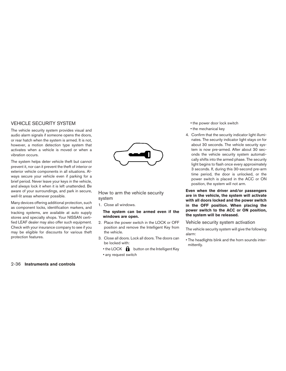 Vehicle security system -36 | NISSAN 2013 LEAF - Owner's Manual User Manual | Page 175 / 402