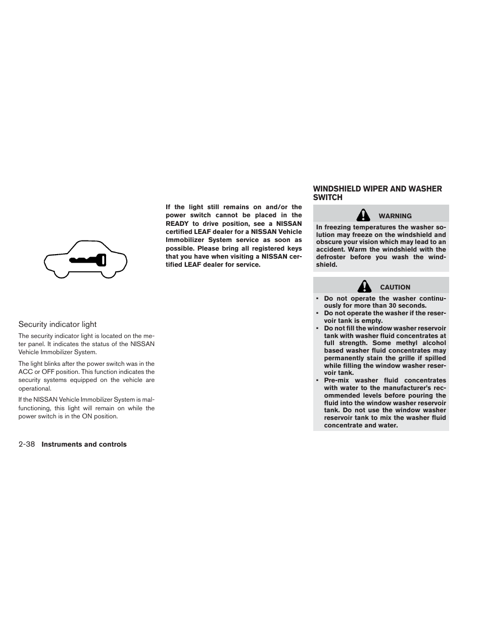 Windshield wiper and washer switch -38 | NISSAN 2013 LEAF - Owner's Manual User Manual | Page 177 / 402