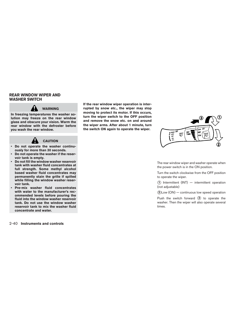 Rear window wiper and washer switch -40 | NISSAN 2013 LEAF - Owner's Manual User Manual | Page 179 / 402
