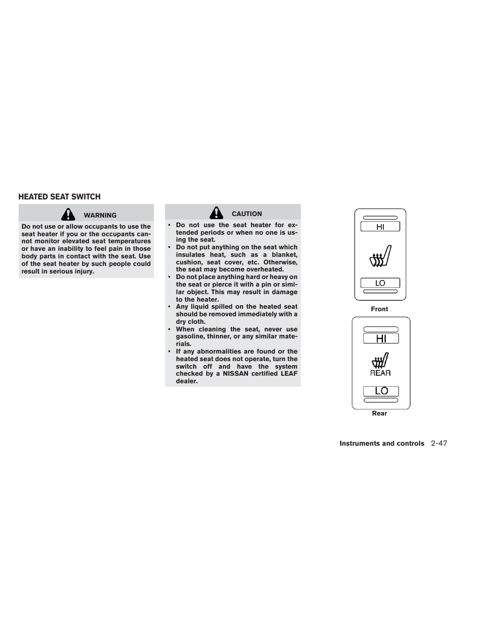 Heated seat switch -47 | NISSAN 2013 LEAF - Owner's Manual User Manual | Page 186 / 402