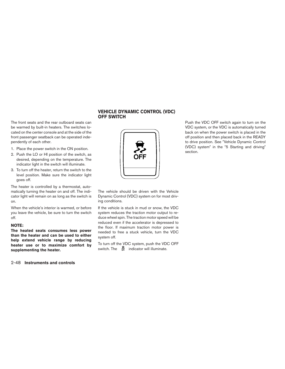 Vehicle dynamic control (vdc) off switch -48 | NISSAN 2013 LEAF - Owner's Manual User Manual | Page 187 / 402