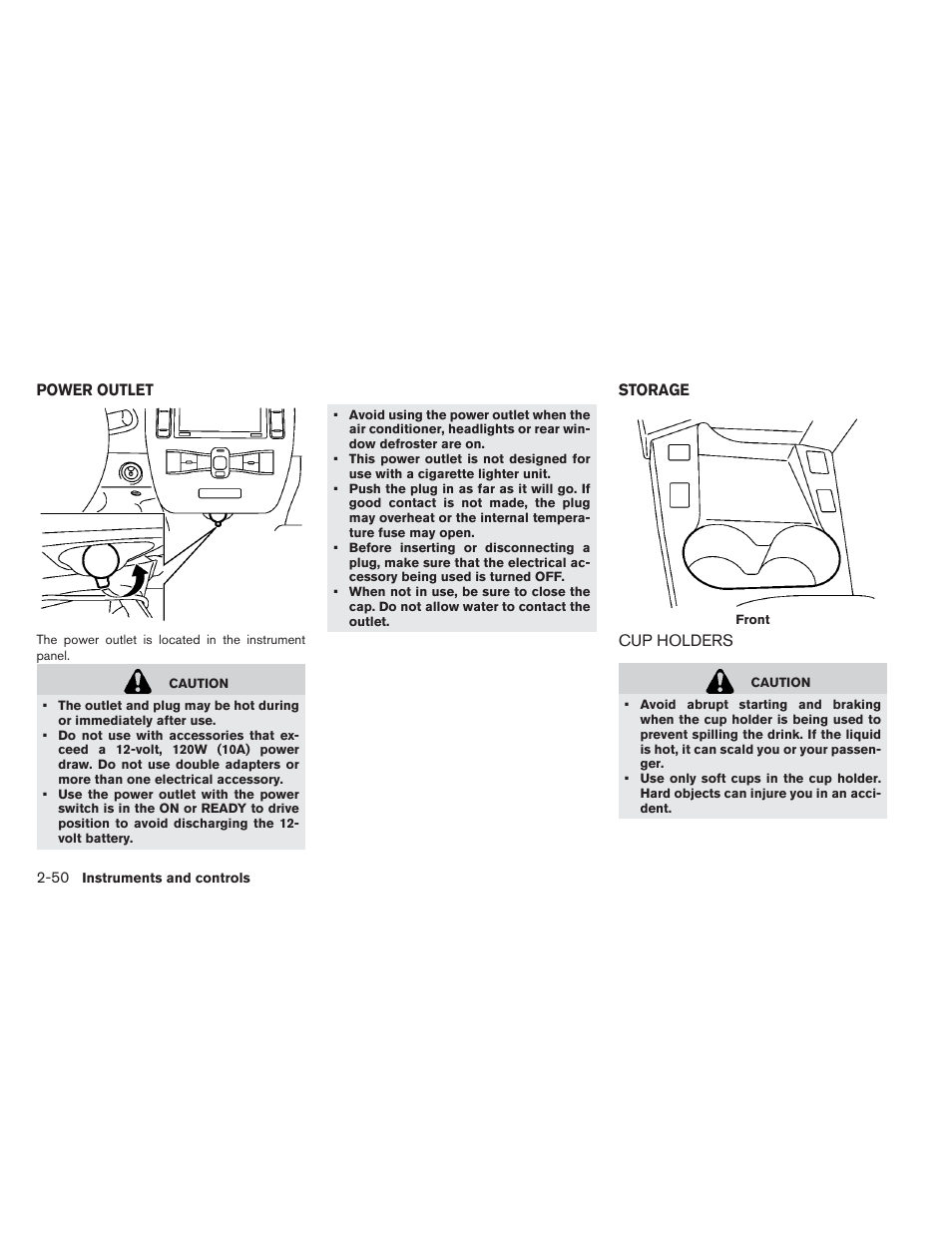 Power outlet -50 storage -50, Cup holders -50 | NISSAN 2013 LEAF - Owner's Manual User Manual | Page 189 / 402