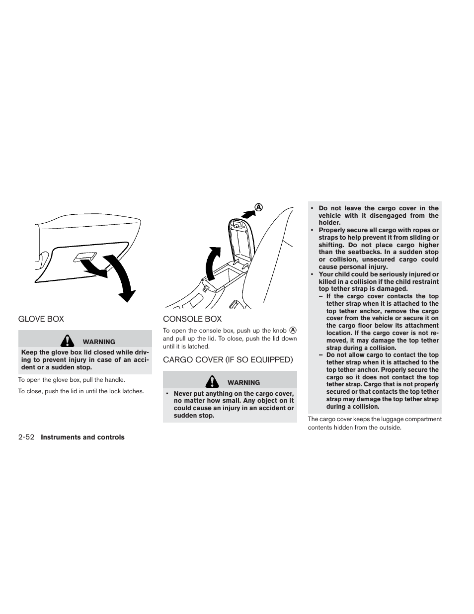 Glove box -52 console box -52, Cargo cover (if so equipped) -52 | NISSAN 2013 LEAF - Owner's Manual User Manual | Page 191 / 402