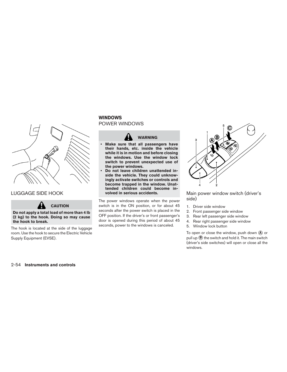 Luggage side hook -54, Windows -54, Power windows -54 | NISSAN 2013 LEAF - Owner's Manual User Manual | Page 193 / 402