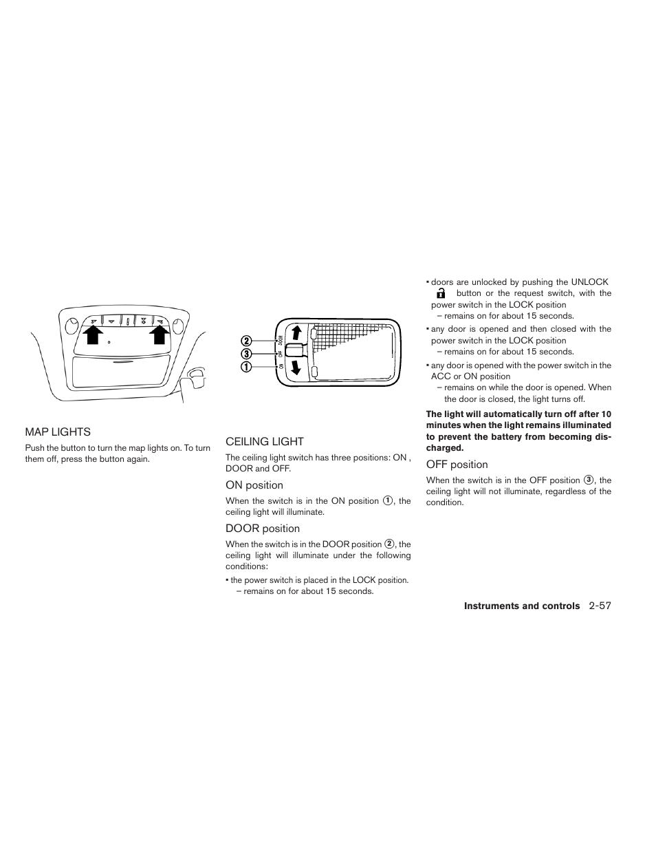 Map lights -57 ceiling light -57 | NISSAN 2013 LEAF - Owner's Manual User Manual | Page 196 / 402