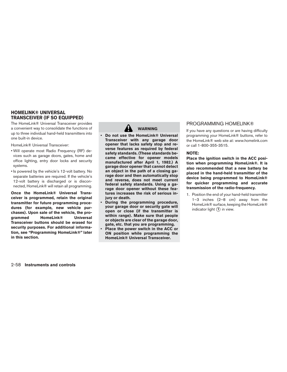 Programming homelink® -58 | NISSAN 2013 LEAF - Owner's Manual User Manual | Page 197 / 402