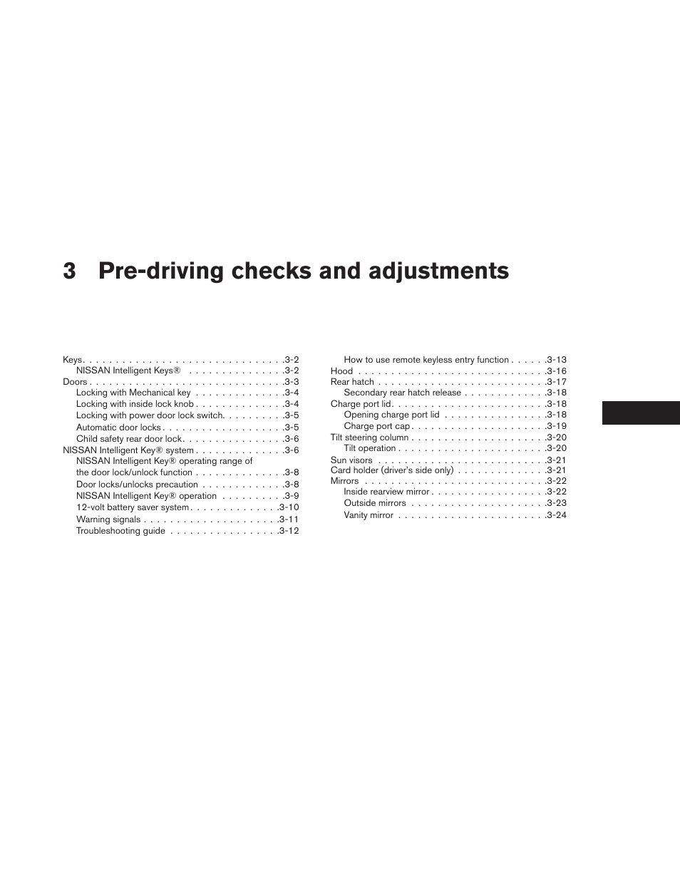 Pre-driving checks and adjustments, 3pre-driving checks and adjustments | NISSAN 2013 LEAF - Owner's Manual User Manual | Page 202 / 402