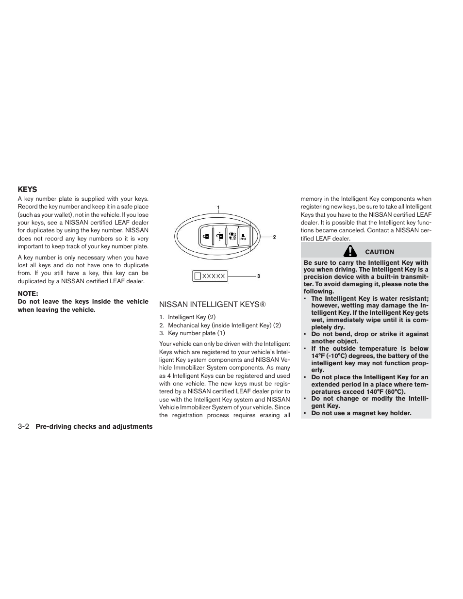 Keys -2, Nissan intelligent keys® -2 | NISSAN 2013 LEAF - Owner's Manual User Manual | Page 203 / 402