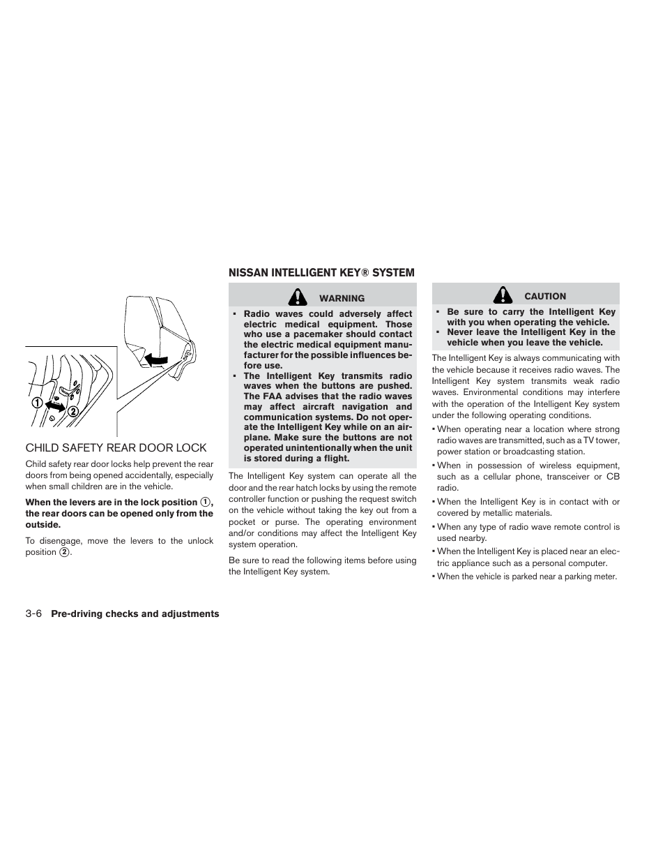Child safety rear door lock -6, Nissan intelligent key® system -6 | NISSAN 2013 LEAF - Owner's Manual User Manual | Page 207 / 402