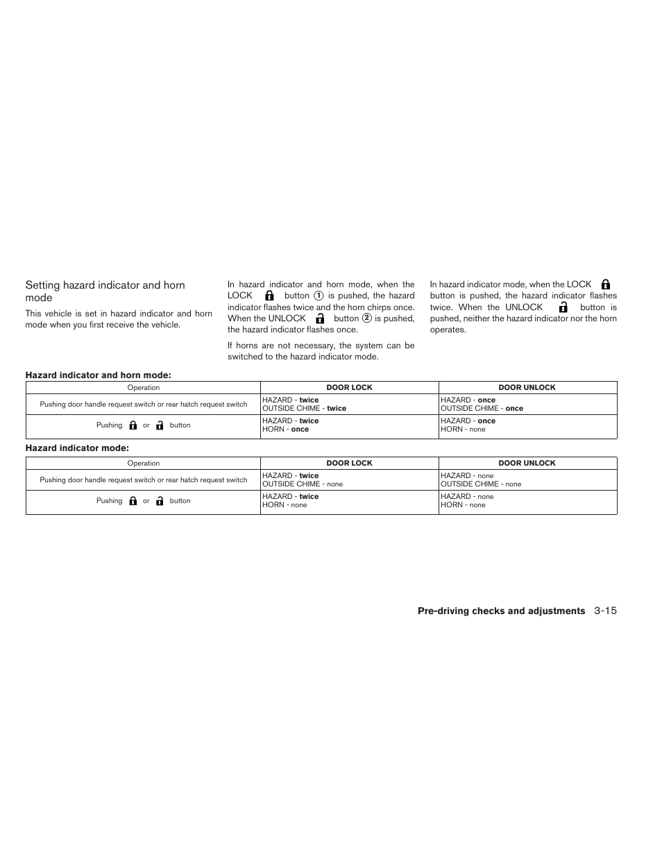 Setting hazard indicator and horn mode | NISSAN 2013 LEAF - Owner's Manual User Manual | Page 216 / 402