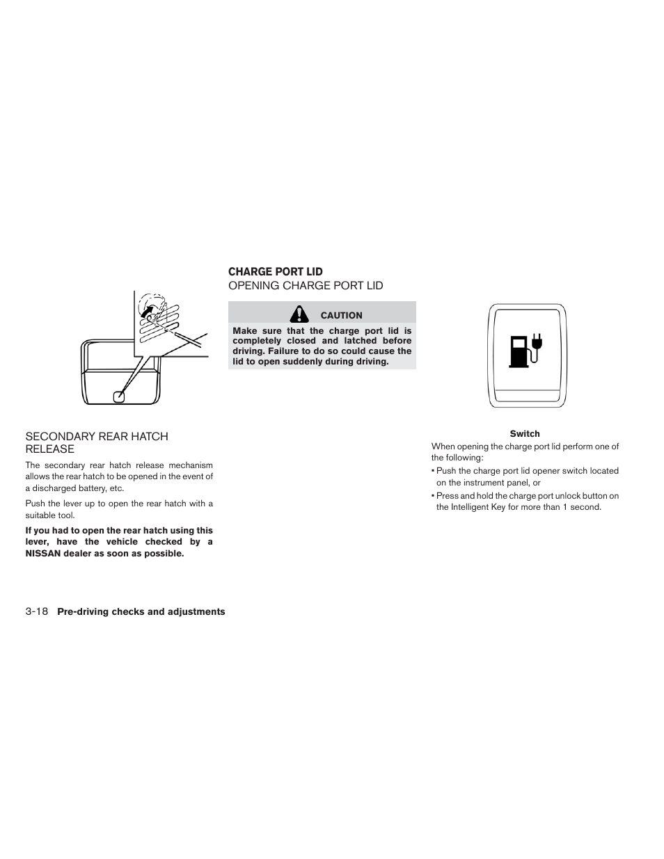 Secondary rear hatch release -18, Charge port lid -18, Opening charge port lid -18 | NISSAN 2013 LEAF - Owner's Manual User Manual | Page 219 / 402