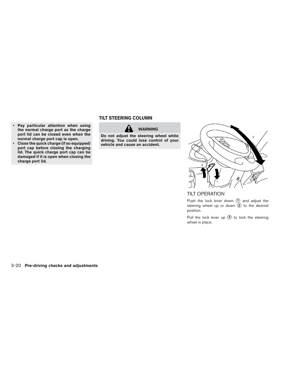 Tilt steering column -20, Tilt operation -20 | NISSAN 2013 LEAF - Owner's Manual User Manual | Page 221 / 402