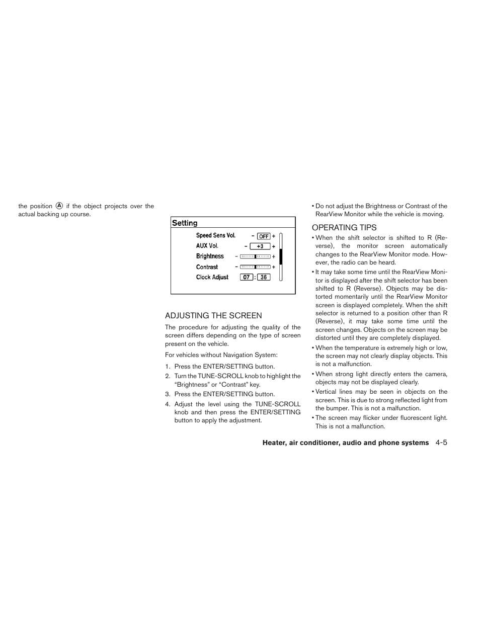 Adjusting the screen -5 operating tips -5 | NISSAN 2013 LEAF - Owner's Manual User Manual | Page 230 / 402