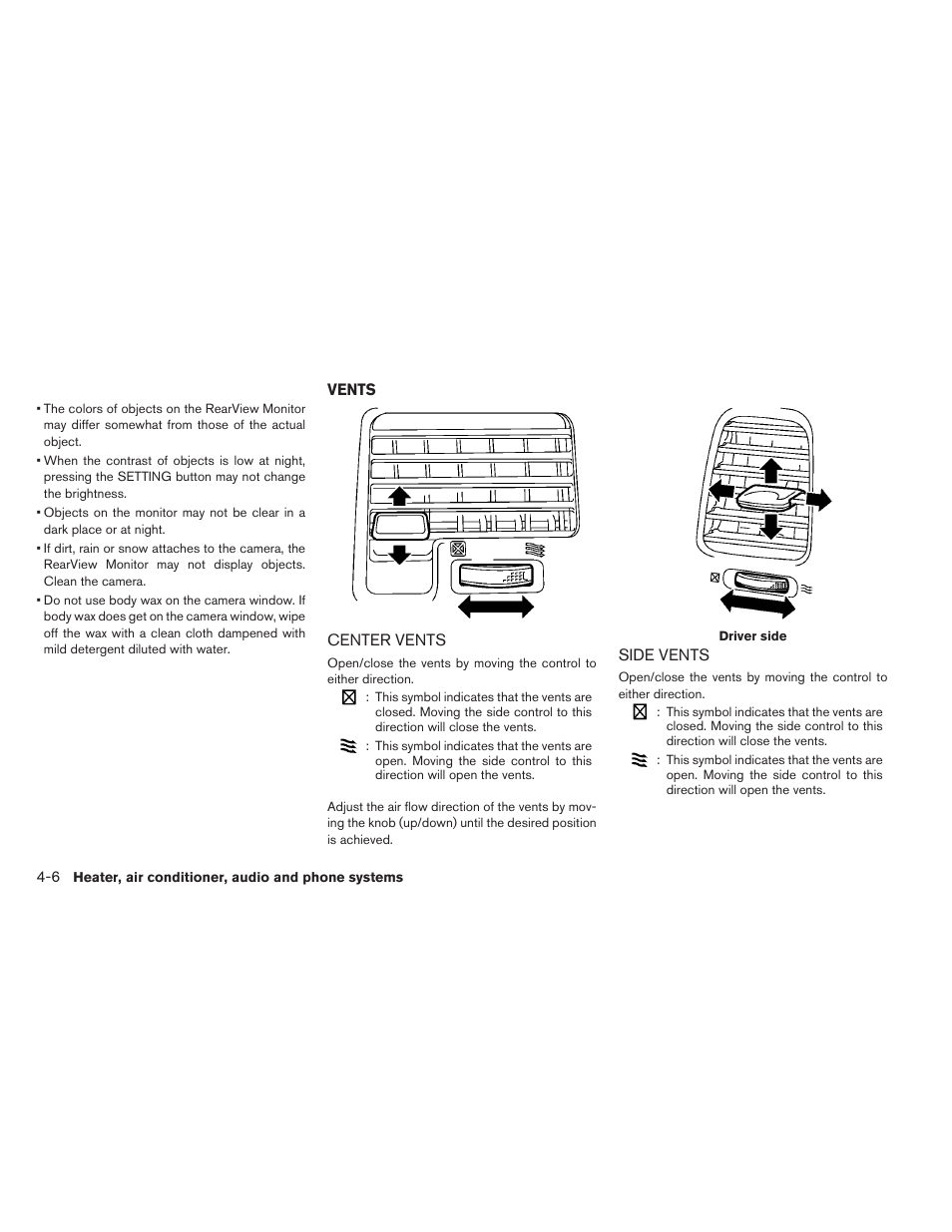 Vents -6, Center vents -6 side vents -6 | NISSAN 2013 LEAF - Owner's Manual User Manual | Page 231 / 402