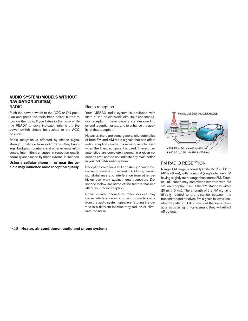 Radio -26 fm radio reception -26 | NISSAN 2013 LEAF - Owner's Manual User Manual | Page 251 / 402