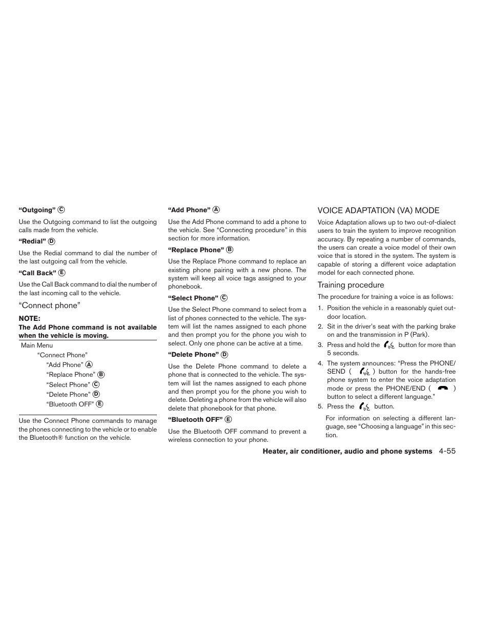 Voice adaptation (va) mode -55 | NISSAN 2013 LEAF - Owner's Manual User Manual | Page 280 / 402