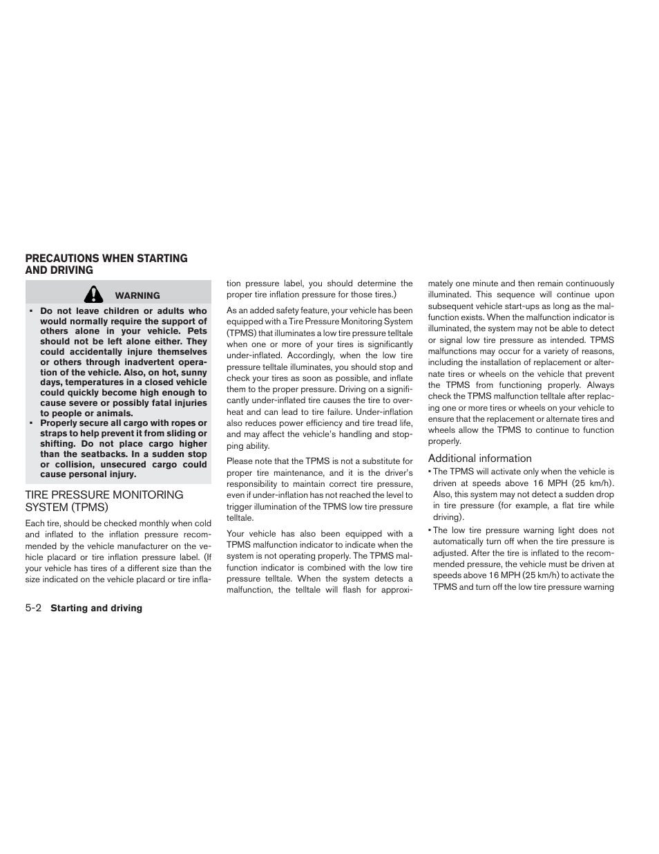Precautions when starting and driving -2, Tire pressure monitoring system (tpms) -2 | NISSAN 2013 LEAF - Owner's Manual User Manual | Page 285 / 402