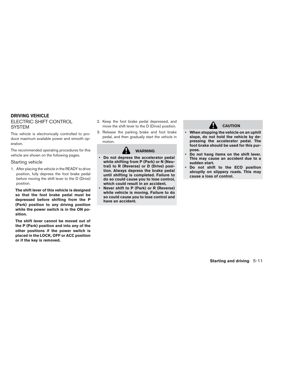 Driving vehicle -11, Electric shift control system -11 | NISSAN 2013 LEAF - Owner's Manual User Manual | Page 294 / 402