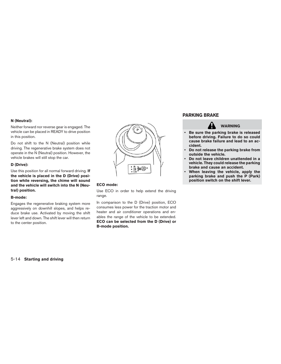 Parking brake -14 | NISSAN 2013 LEAF - Owner's Manual User Manual | Page 297 / 402