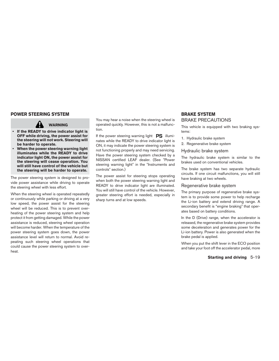 Power steering system -19 brake system -19, Brake precautions -19 | NISSAN 2013 LEAF - Owner's Manual User Manual | Page 302 / 402