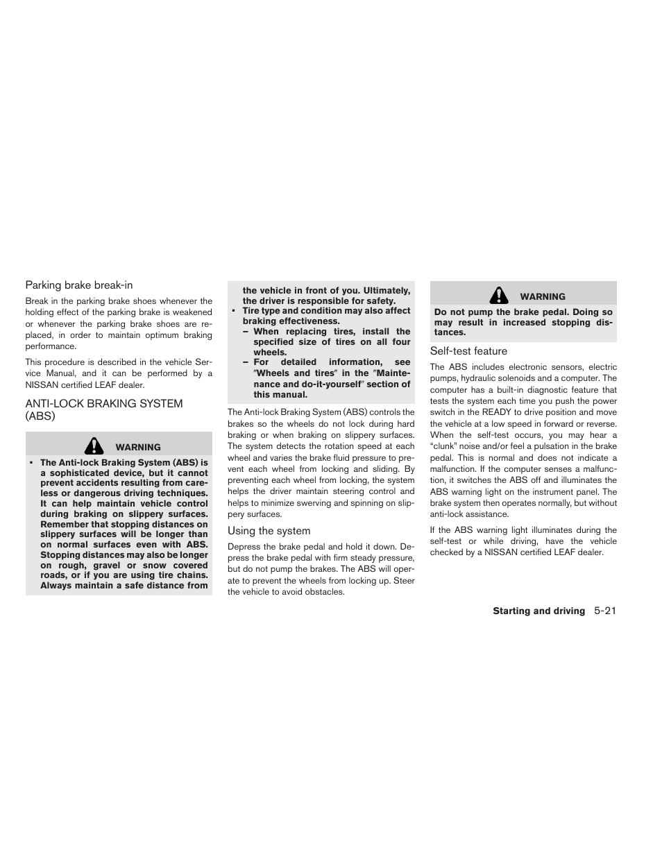 Anti-lock braking system (abs) -21 | NISSAN 2013 LEAF - Owner's Manual User Manual | Page 304 / 402