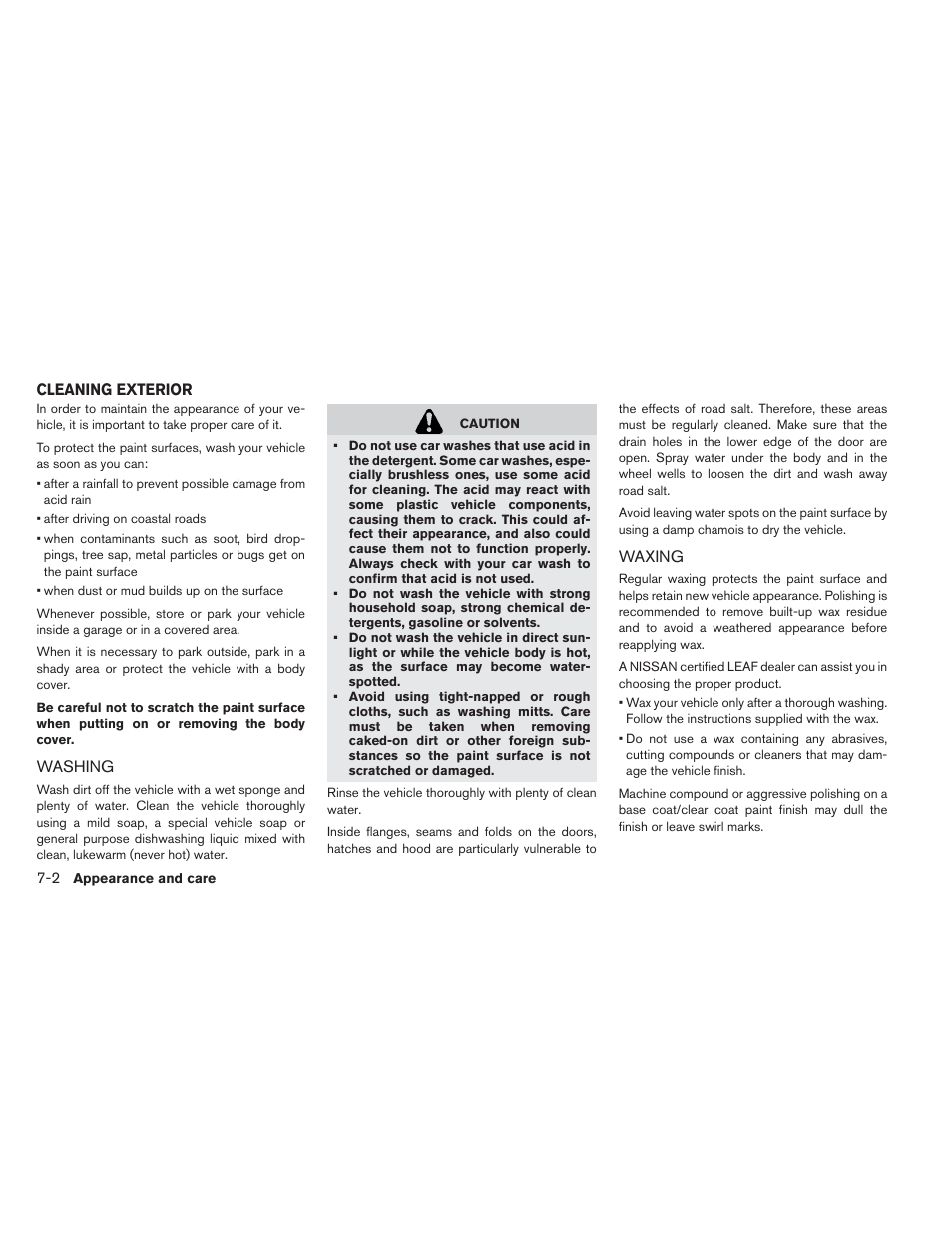 Cleaning exterior -2, Washing -2 waxing -2 | NISSAN 2013 LEAF - Owner's Manual User Manual | Page 327 / 402