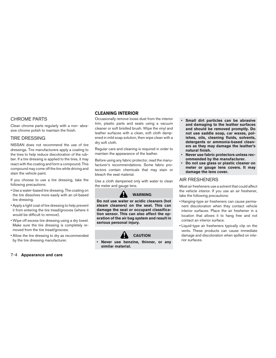 Chrome parts -4 tire dressing -4, Cleaning interior -4, Air fresheners -4 | NISSAN 2013 LEAF - Owner's Manual User Manual | Page 329 / 402