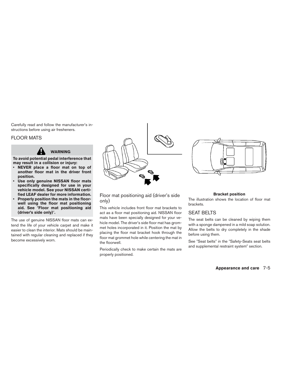 Floor mats -5 seat belts -5 | NISSAN 2013 LEAF - Owner's Manual User Manual | Page 330 / 402
