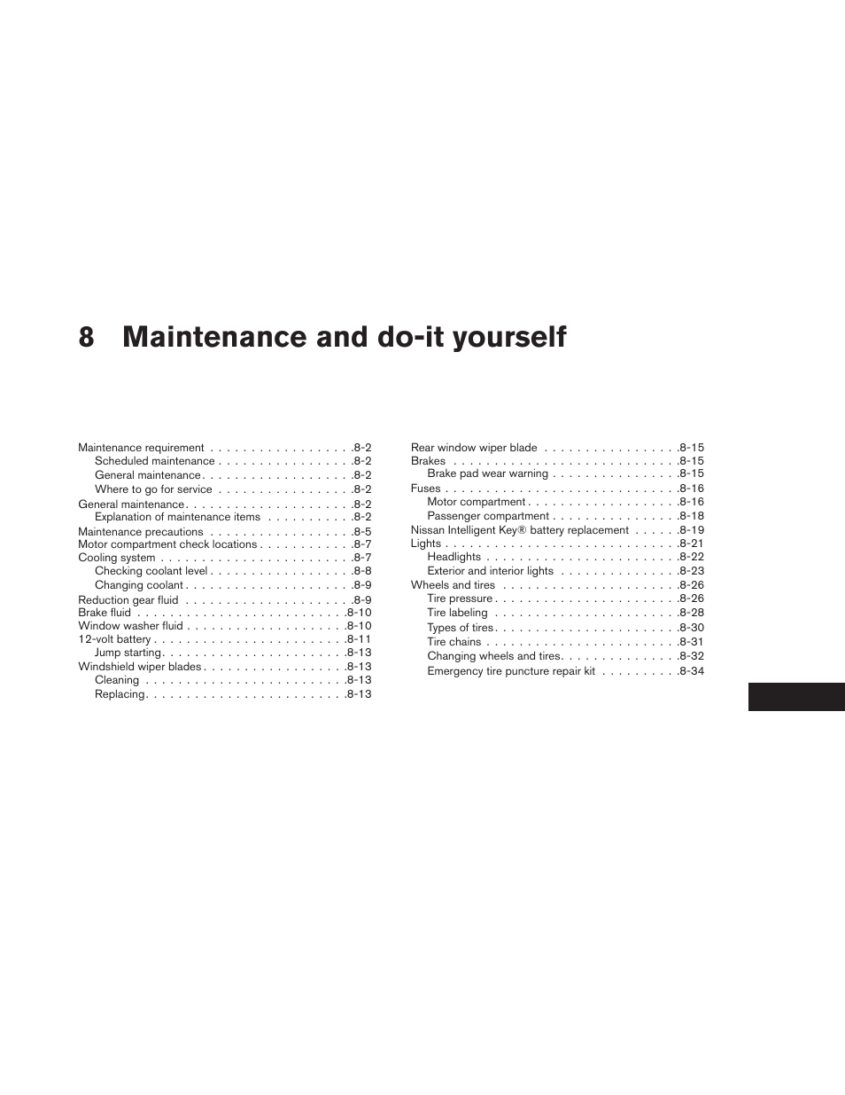 Maintenance and do-it yourself, 8maintenance and do-it yourself | NISSAN 2013 LEAF - Owner's Manual User Manual | Page 334 / 402