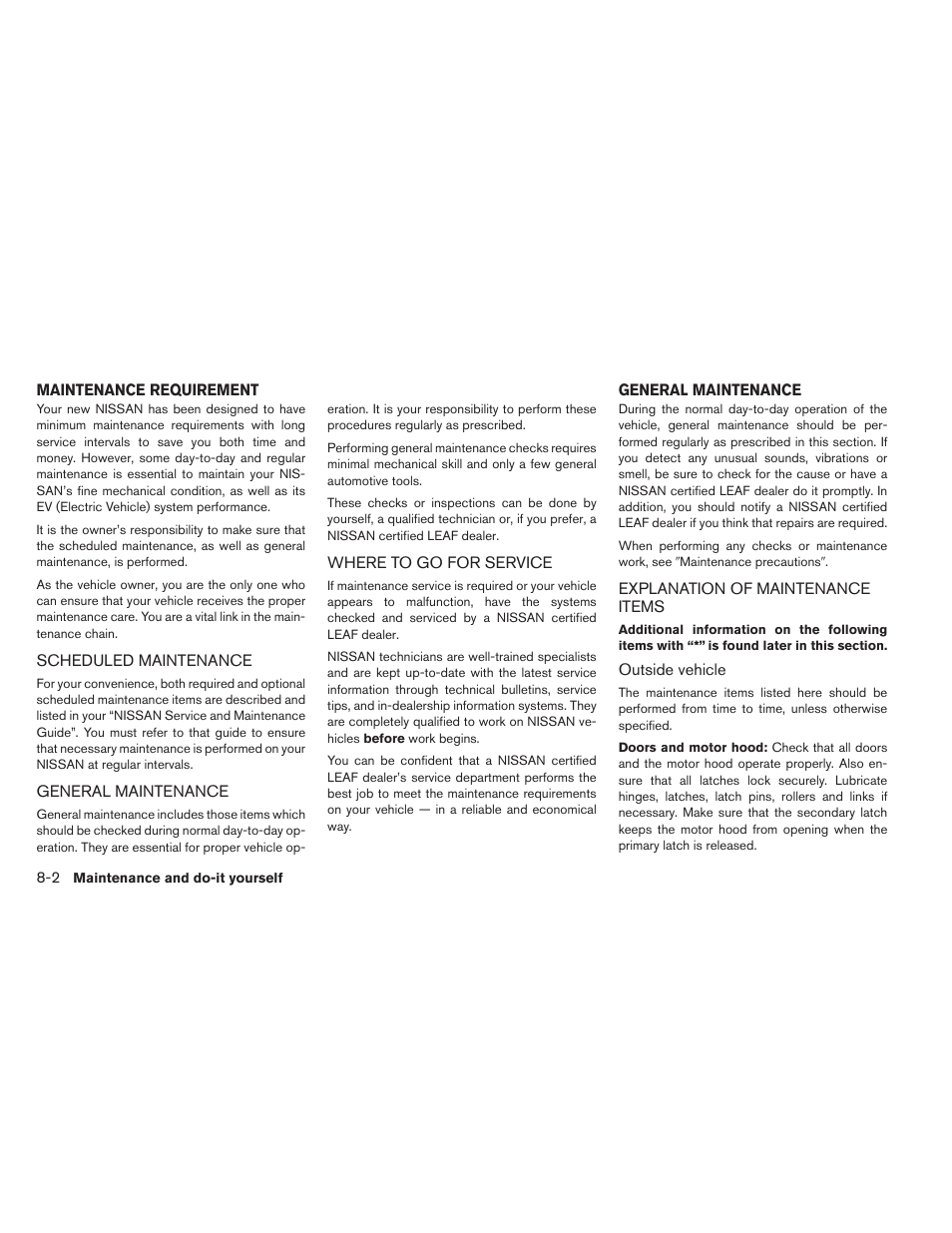 Maintenance requirement -2, General maintenance -2, Explanation of maintenance items -2 | NISSAN 2013 LEAF - Owner's Manual User Manual | Page 335 / 402