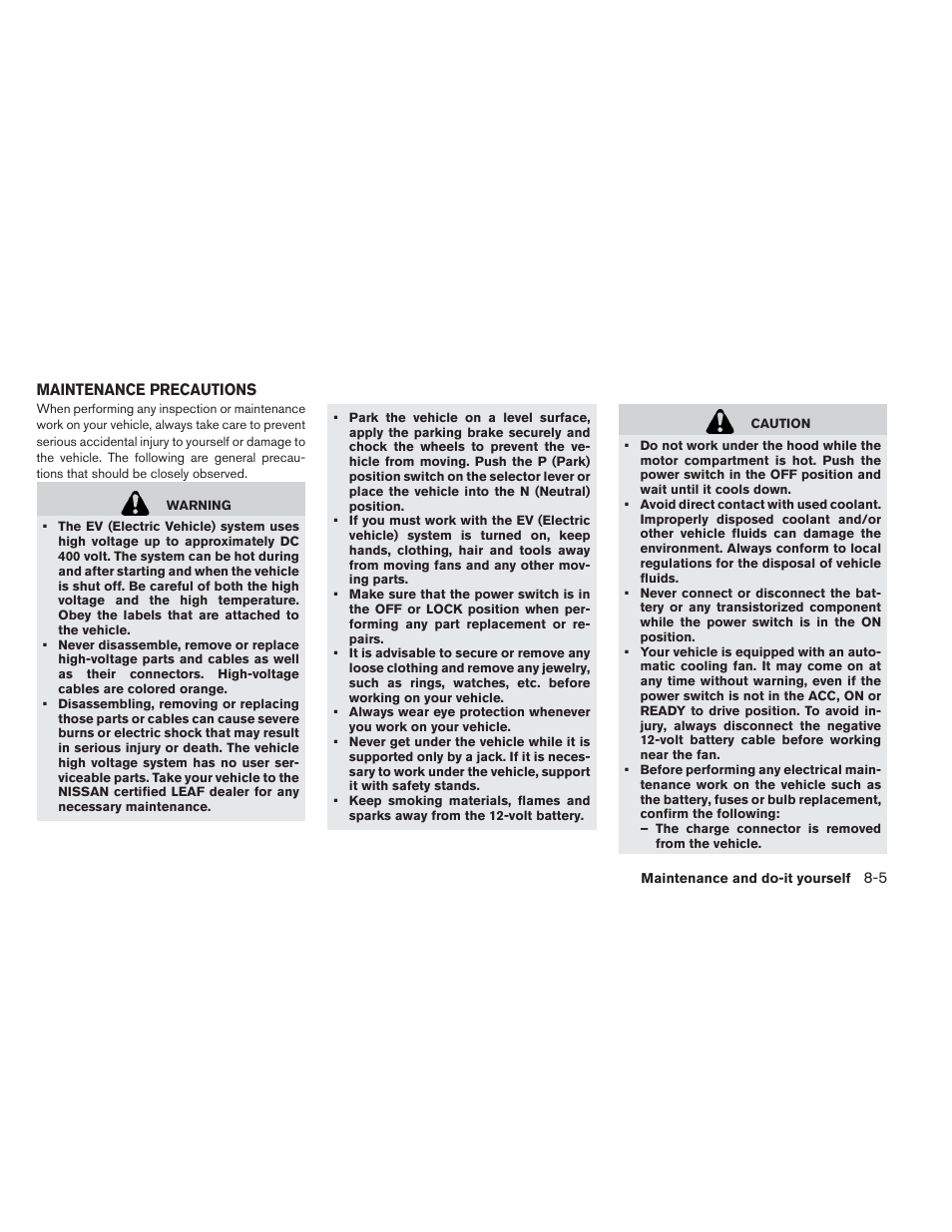 Maintenance precautions -5 | NISSAN 2013 LEAF - Owner's Manual User Manual | Page 338 / 402