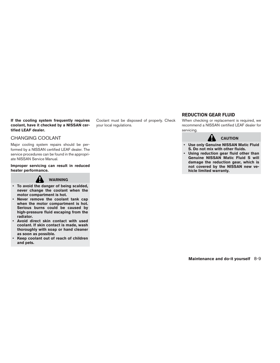 Changing coolant -9, Reduction gear fluid -9 | NISSAN 2013 LEAF - Owner's Manual User Manual | Page 342 / 402