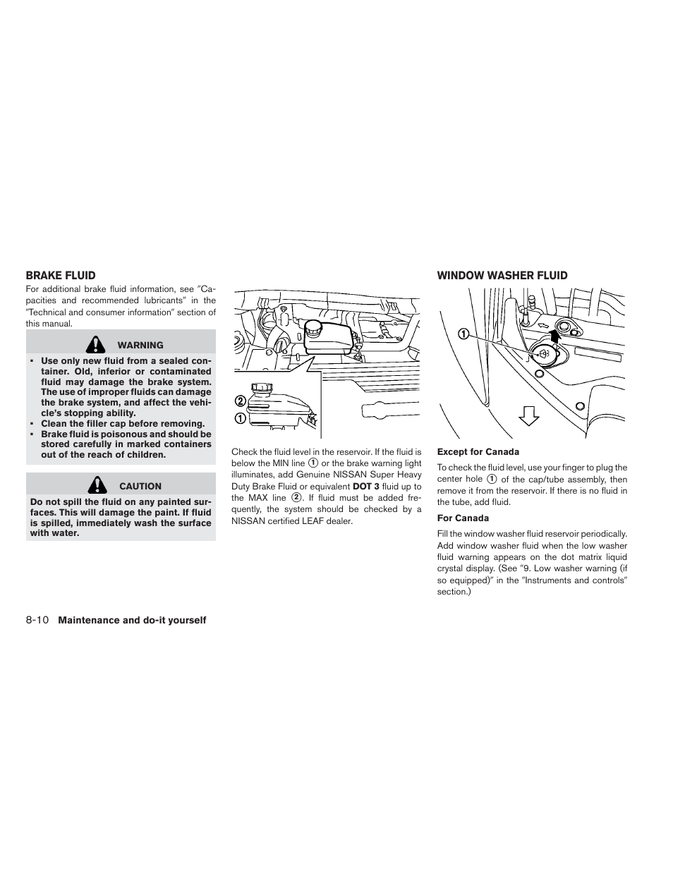 Brake fluid -10 window washer fluid -10 | NISSAN 2013 LEAF - Owner's Manual User Manual | Page 343 / 402