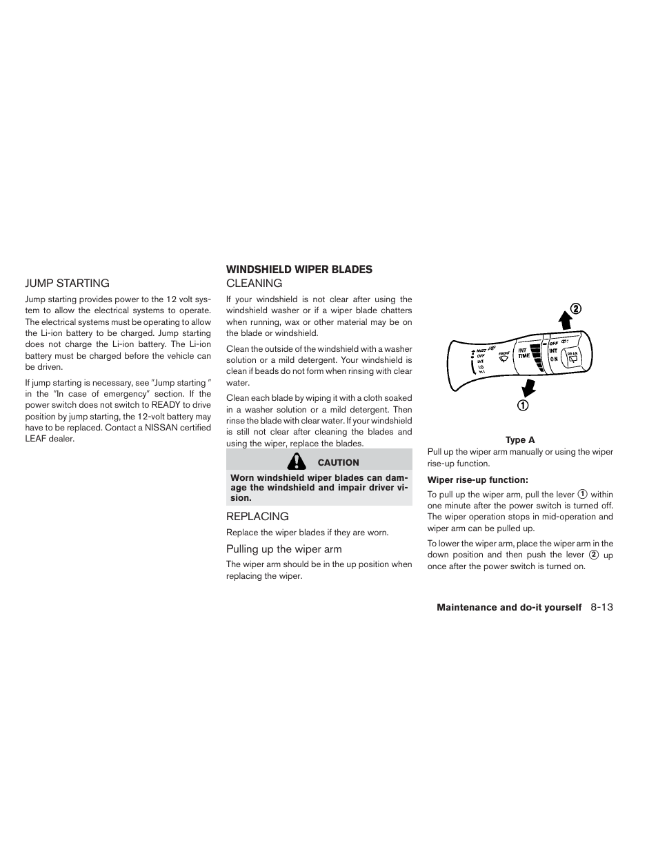 Jump starting -13, Windshield wiper blades -13, Cleaning -13 replacing -13 | NISSAN 2013 LEAF - Owner's Manual User Manual | Page 346 / 402