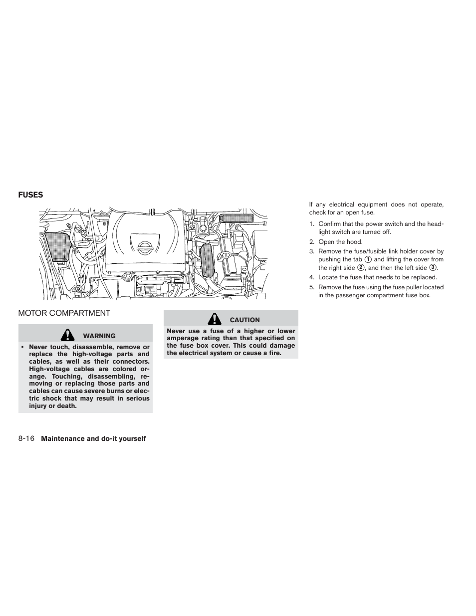 Fuses -16, Motor compartment -16 | NISSAN 2013 LEAF - Owner's Manual User Manual | Page 349 / 402