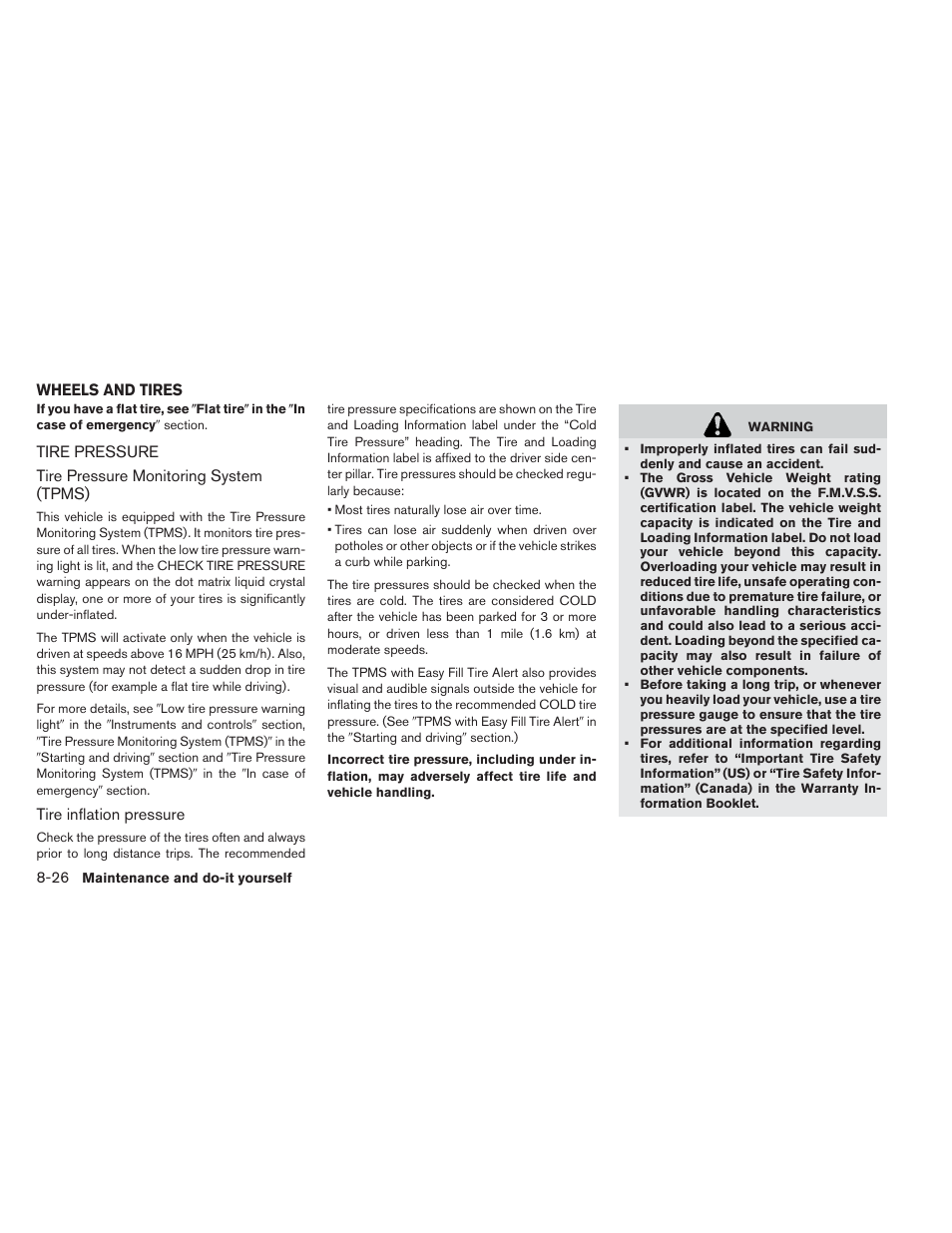 Wheels and tires -26, Tire pressure -26 | NISSAN 2013 LEAF - Owner's Manual User Manual | Page 359 / 402