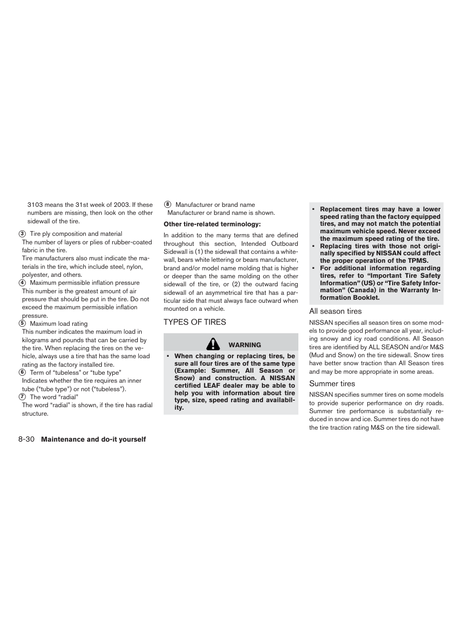 Types of tires -30 | NISSAN 2013 LEAF - Owner's Manual User Manual | Page 363 / 402