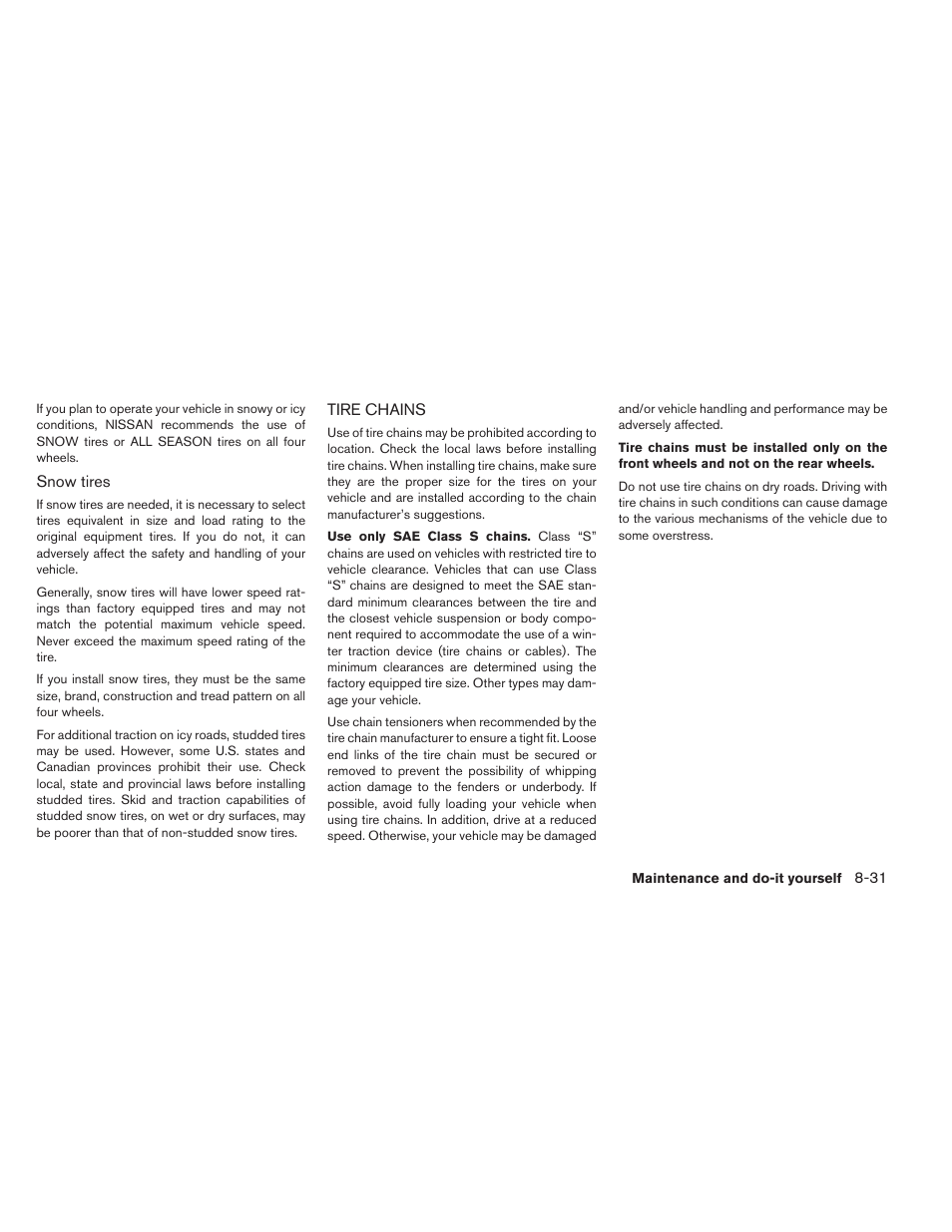 Tire chains -31 | NISSAN 2013 LEAF - Owner's Manual User Manual | Page 364 / 402