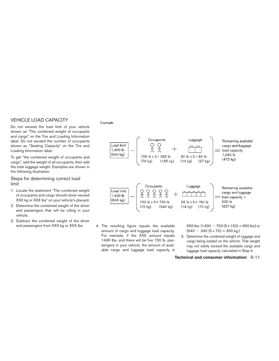 Vehicle load capacity -11 | NISSAN 2013 LEAF - Owner's Manual User Manual | Page 378 / 402