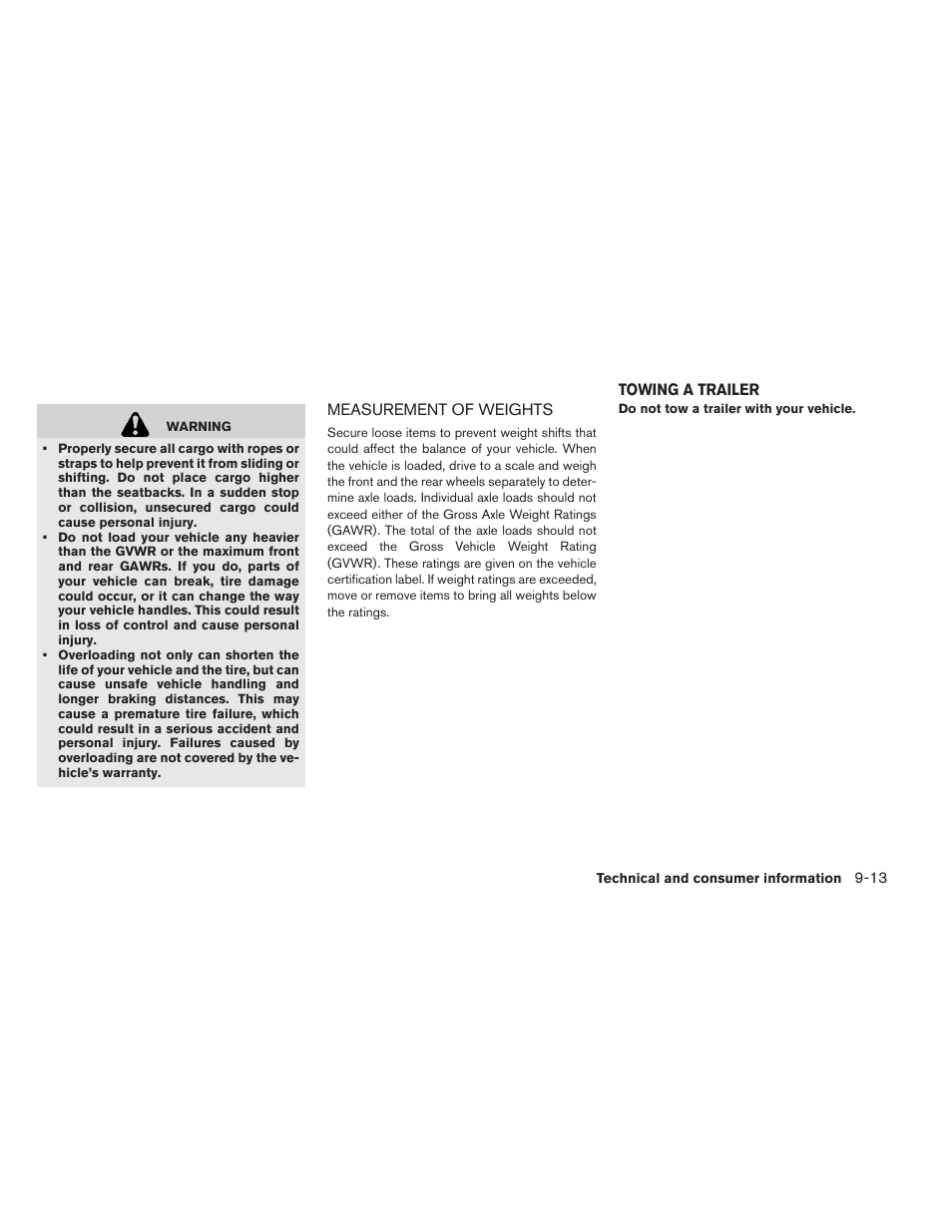 Measurement of weights -13, Towing a trailer -13 | NISSAN 2013 LEAF - Owner's Manual User Manual | Page 380 / 402